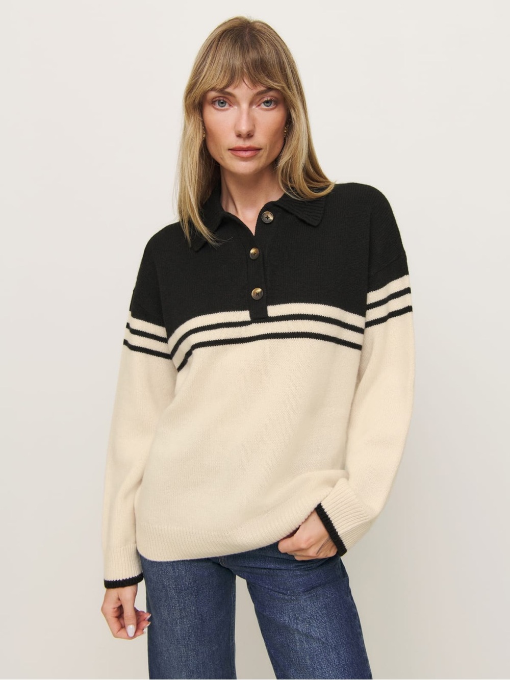 Reformation Two-Tone Polo Cashmere Sweater in Black and Cream size Medium